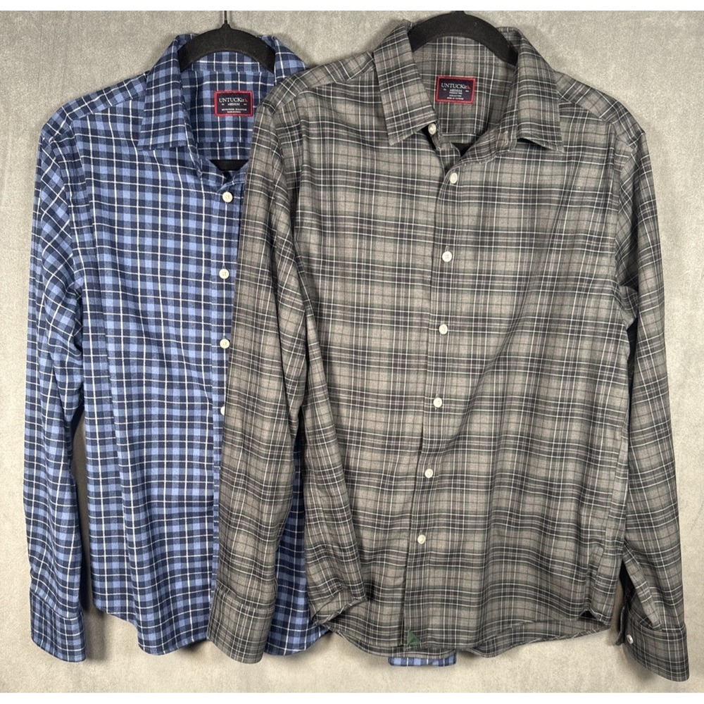2 UNTUCKit Men's Size M Plaid Button Front Shirts‎ Long Sleeve Blue Gray Lot